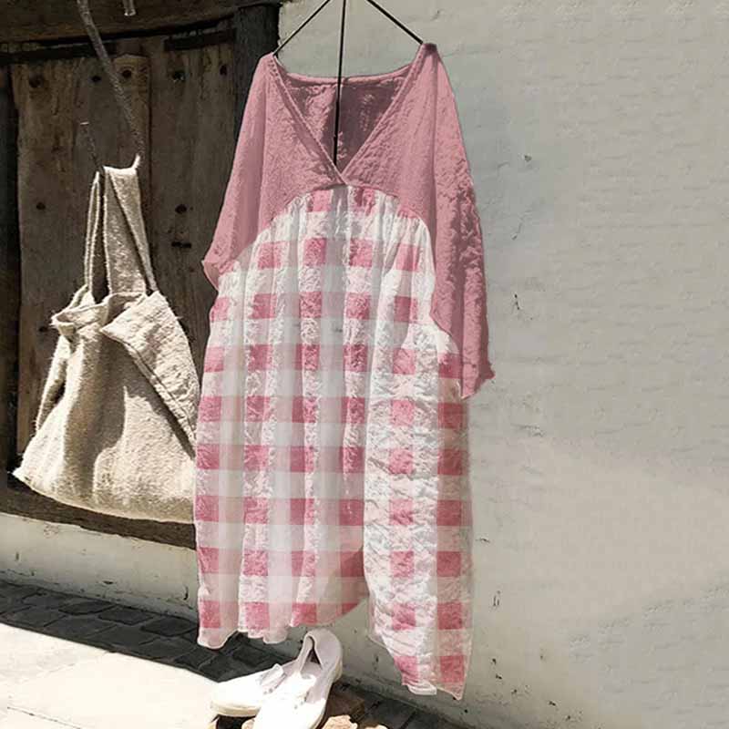 Check Patchwork Pleated V Neck Oversize Maxi Dress