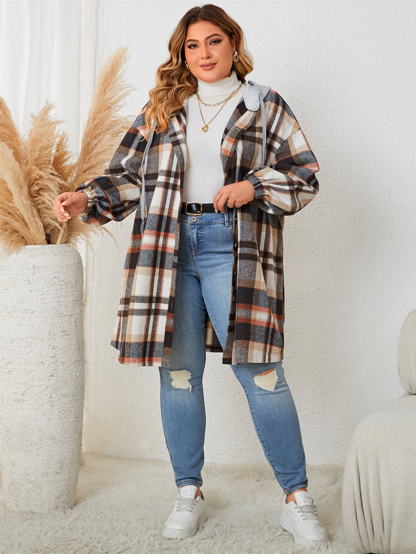 Plus Size Autumn Winter Women Girls Plaid Hooded Mid Length Coat for Women