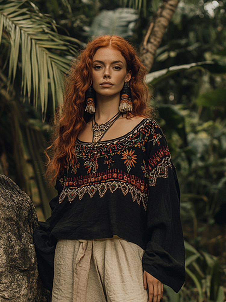Retro Bohemian Embroidery Art Print Cotton And Linen Blend Loose Blouse