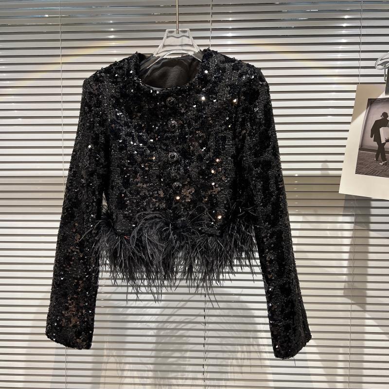 Fashion Sequin Ostrich Hair Coat Top with Hook for Women