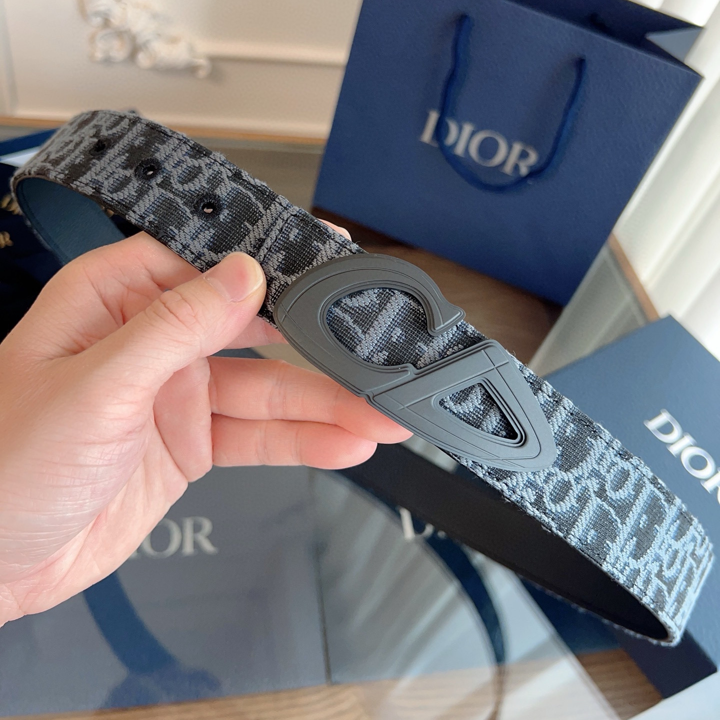 Dior Oblique light blue cloth and black cowhide leather belt width 3.5cm