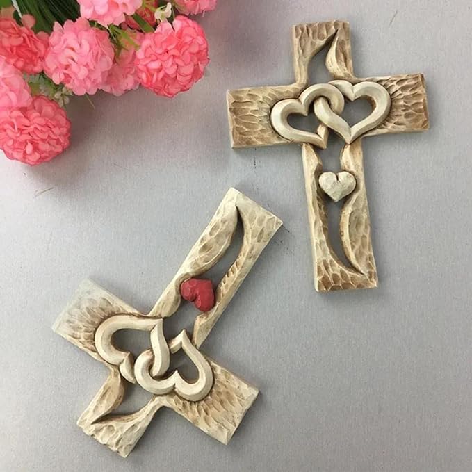 💞Carved wooden cross - intertwined hearts  - Carved from natural wood