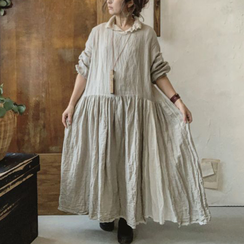 Vintage V Neck Balloon Sleeve Cotton Linen Midi Dresses