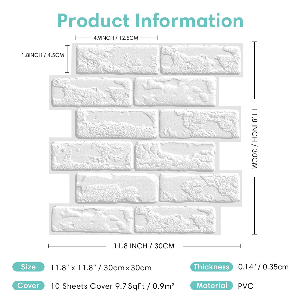 3D White Brick Peel and Stick Wall Tile