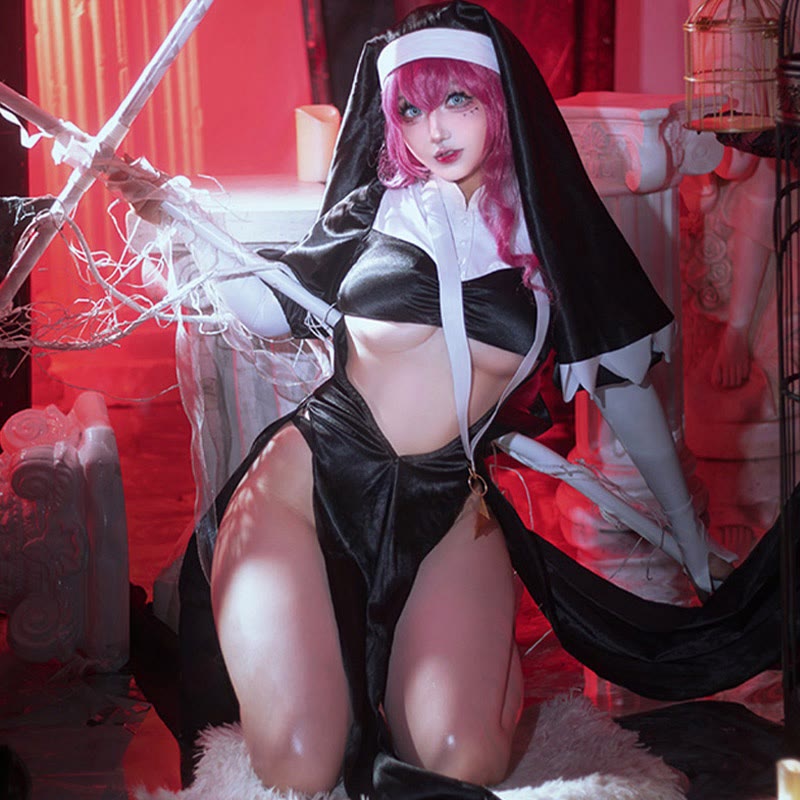 Nun Hollow Out Color Block Lingerie Dress Set