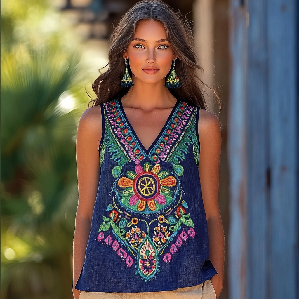 Women's Vintage Bohemian Art Linen Vest
