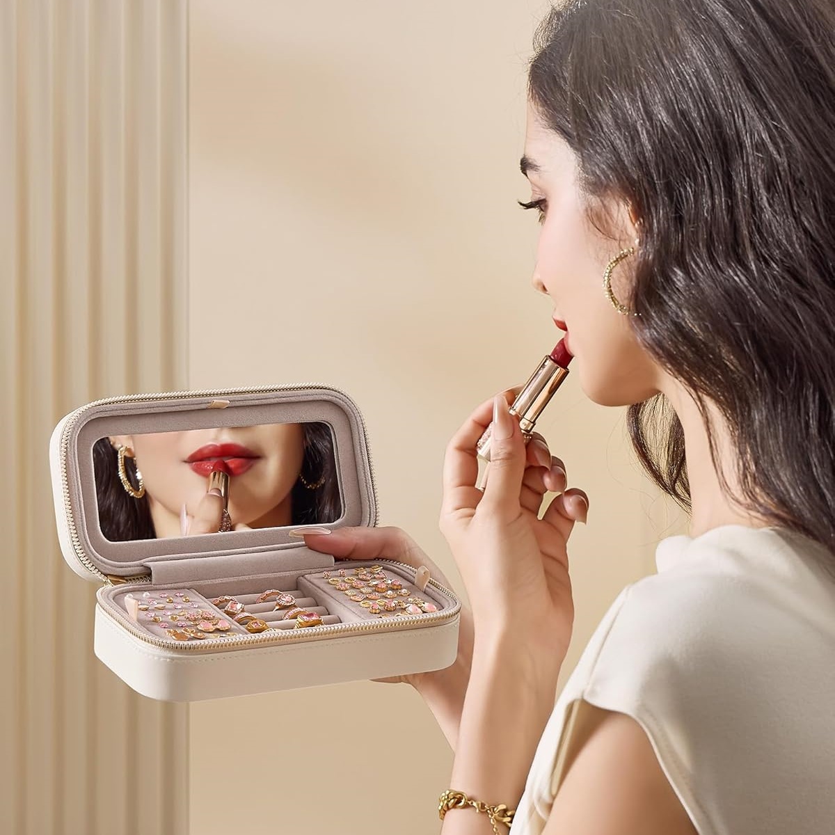 Jewelry Box Organizer with Mirror,Portable, Zippers, Gift Idea