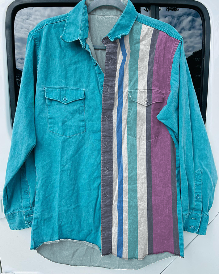 Men's Retro Casual Blue Patchwork Striped Print Long-sleeved Shirt