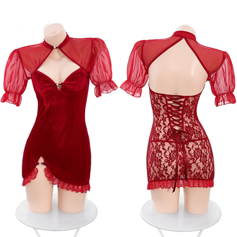 Vintage Cheongsam Lace See-through Lingerie Dress