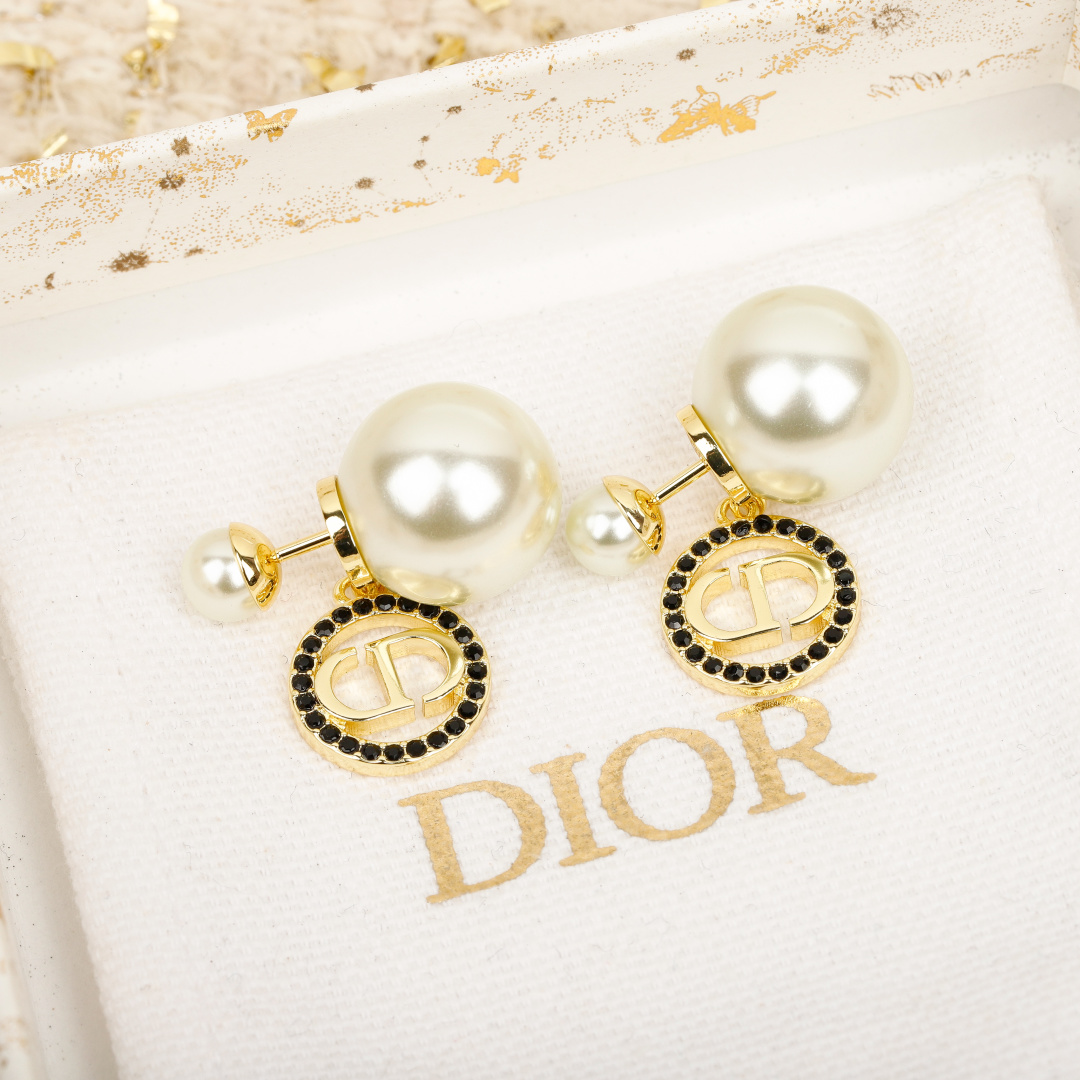 Dior Round Crystal CD Double Ball Pearl Earrings