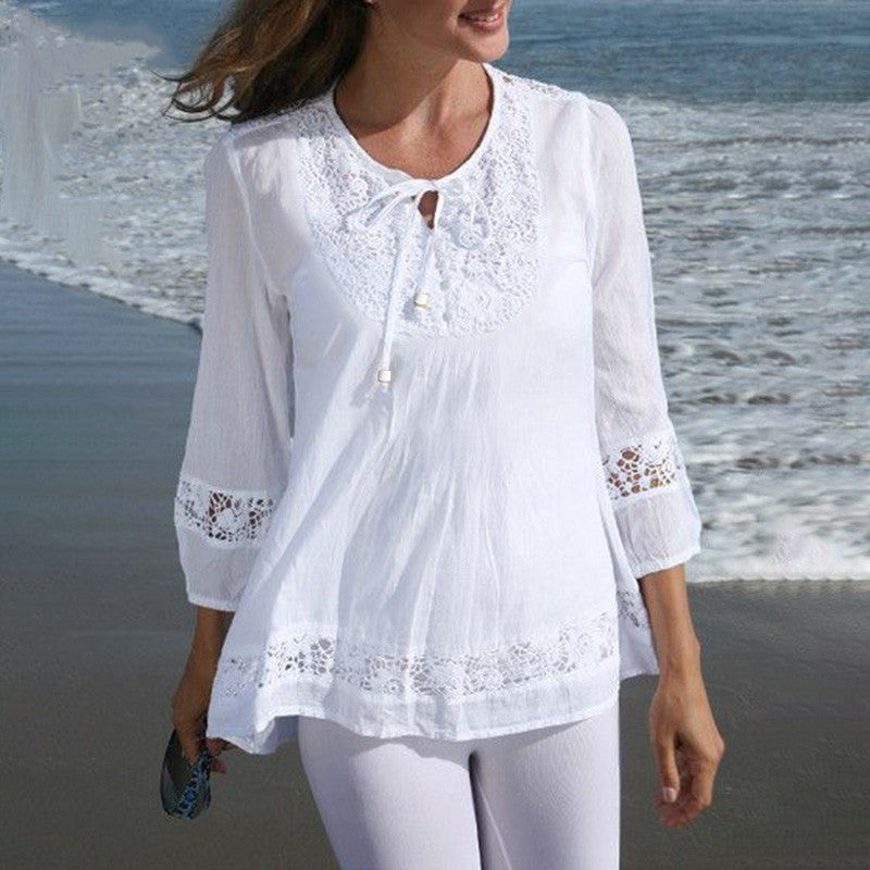 Temperament Sleeve Loose Women's Top: Cotton and Linen Stitching with Lace Detail