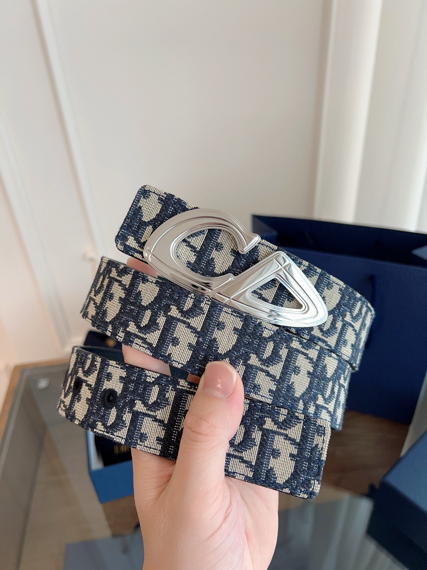 Dior Oblique Blue Cloth Black Cowhide Leather Strap 3.5cm Wide