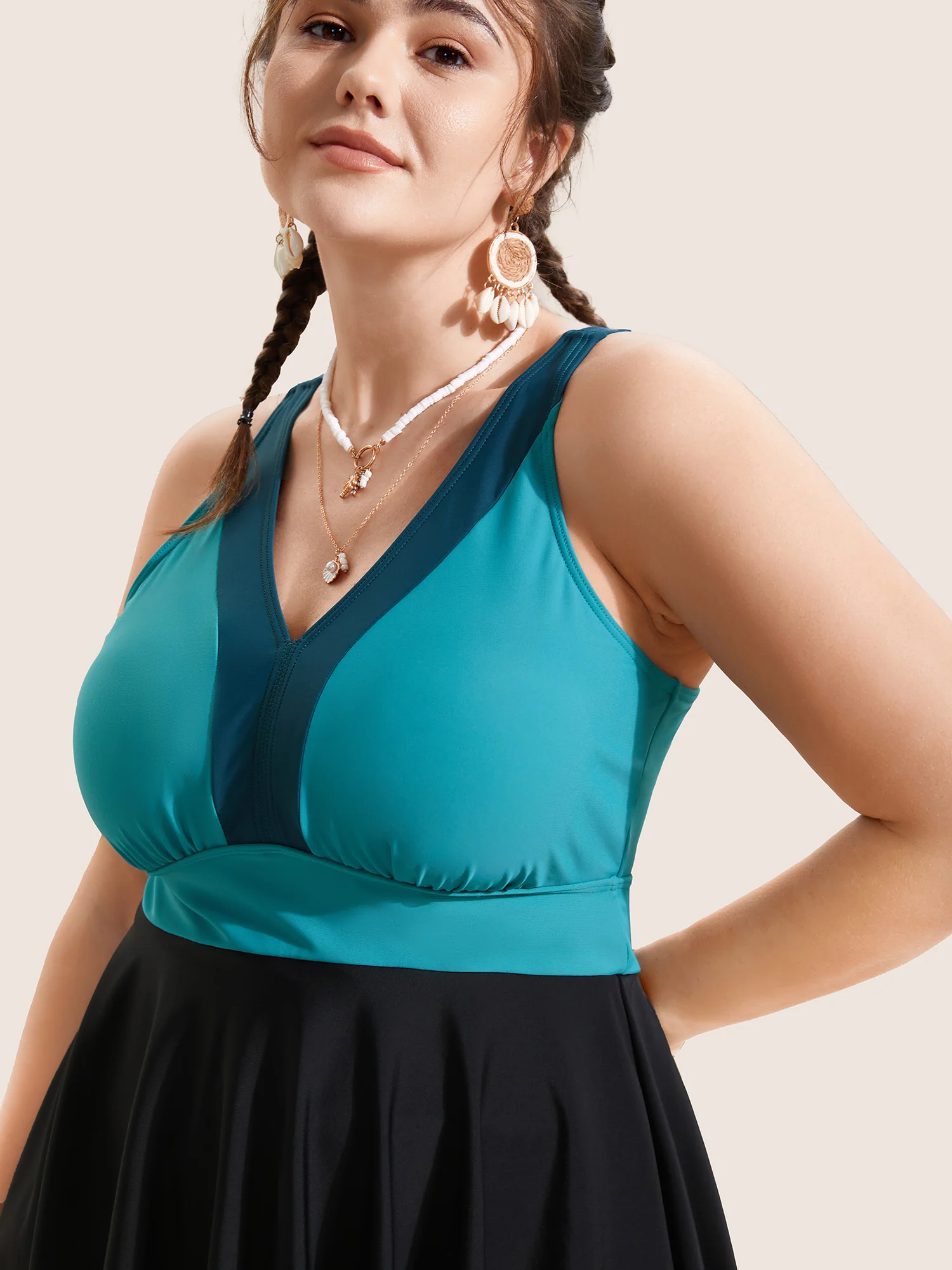 V Neck Patchwork Contrast Gathered Swim Dress