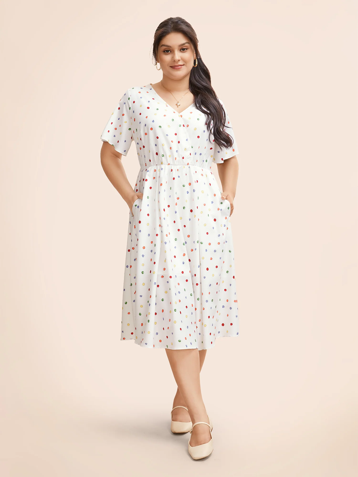 Colored Polka Dot Overlap Collar Midi Dress