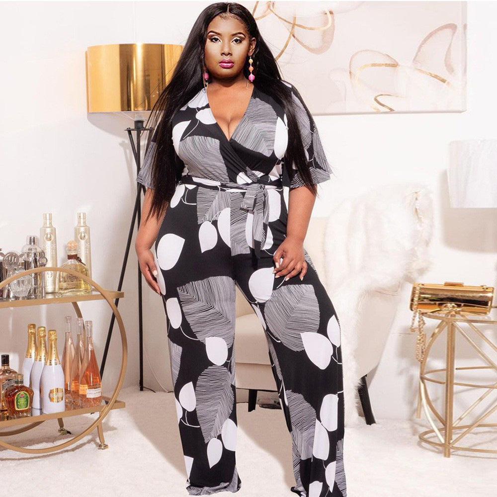 Plus Size Women Deep V-neck Leaves Shape Print Short Sleeve Women Belt Lace up Jumpsuit
