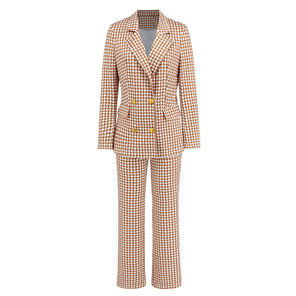 Houndstooth Double-Breasted Blazer and Slim-Fit Straight Trousers Suit for Women
