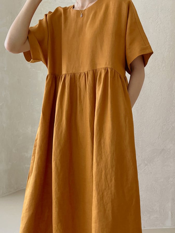 Women's Solid Color Buttoned Design Loose Cotton And Linen Casual Dress