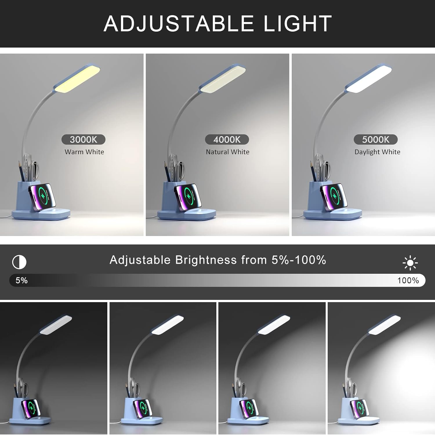 Desk Lamp with Wireless Charger, LED Desk Lamps for Home Office, 800 Lumens, Small Desk Lamp with Pen Holder, Flexible Arm, 3 Modes, Dimming, Touch Lamp for College Dorm Room