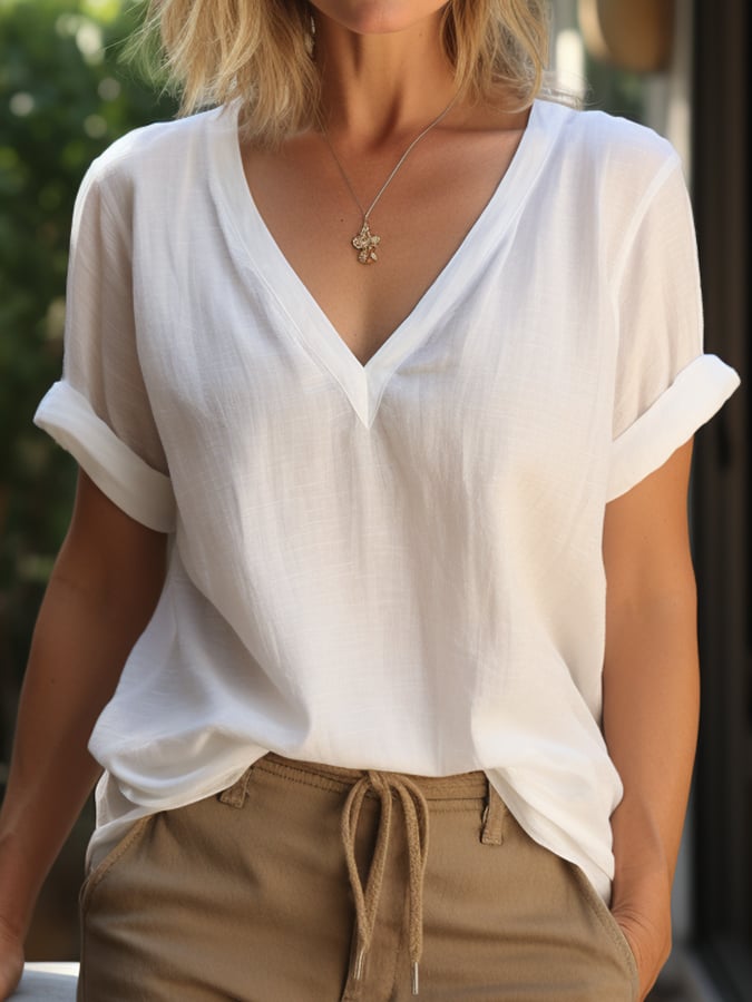 Women's Simple Versatile Cotton Casual V-Neck T-Shirt