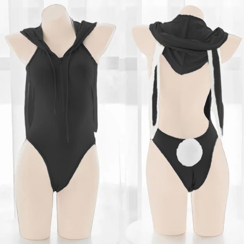 Bunny Ears Zipper Hooded Lingerie Set