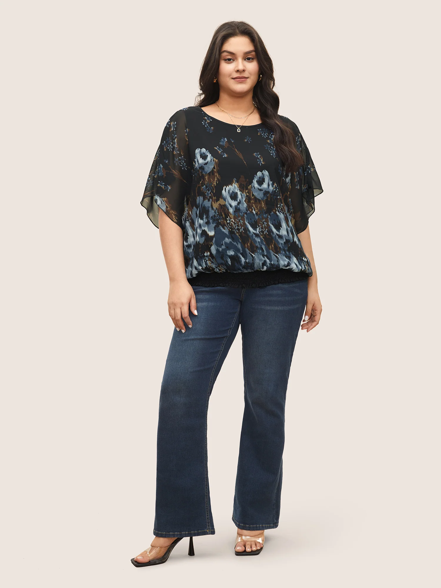 Pixel Flower Shirred Batwing Sleeve Blouse