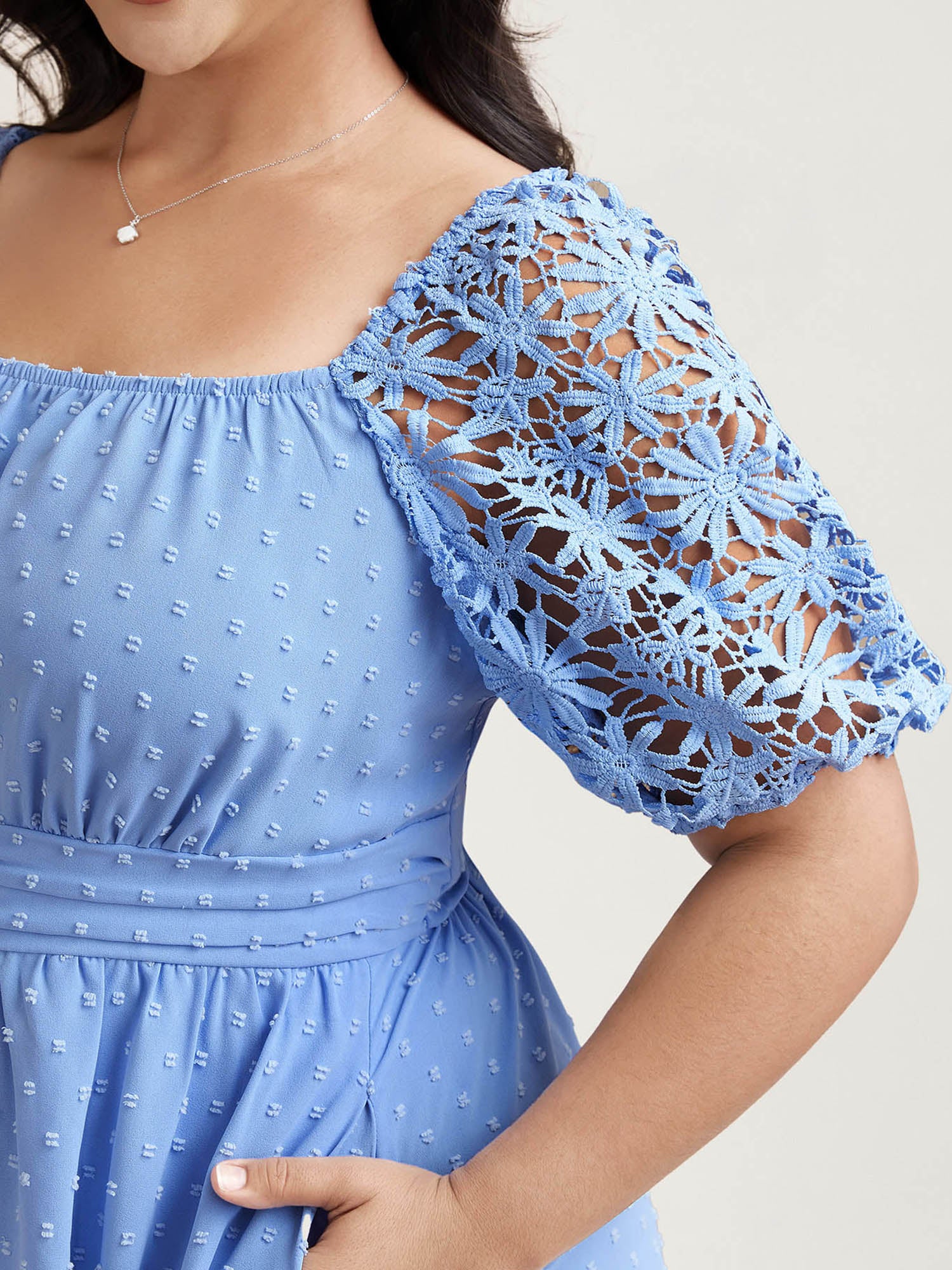 Textured Lace Sleeve Stretchy Waist Midi Dress