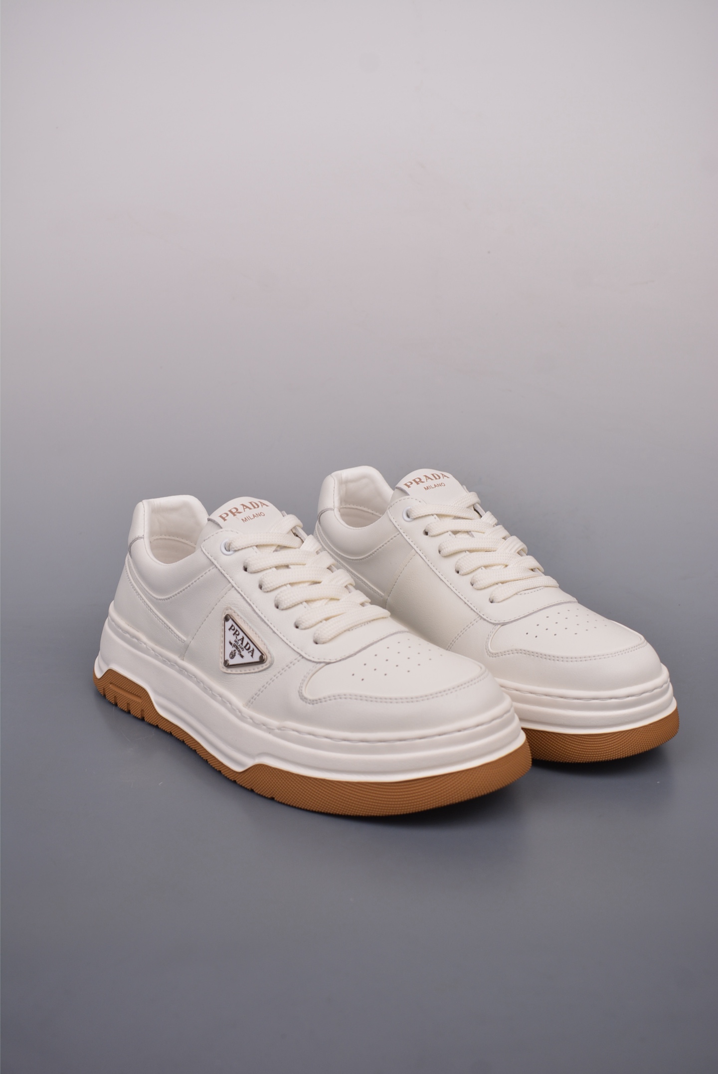 Prada PRAX 01 Triangle Logo Leather Sneakers off-white brown 3D933M_3LF5_FG000