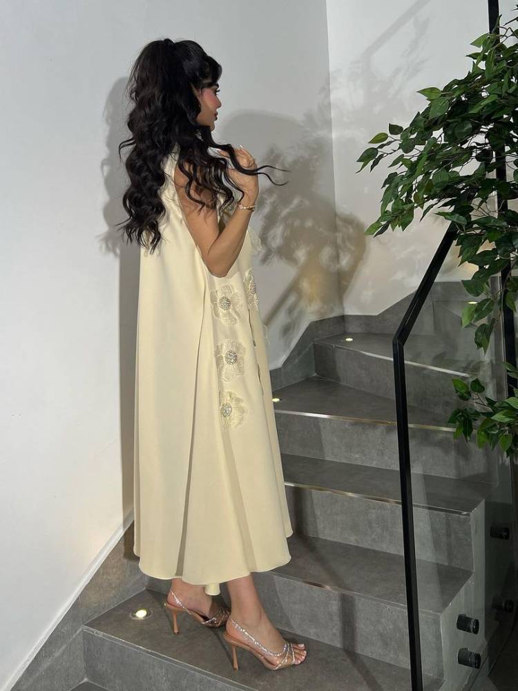 Shoulder High Neck Handmade Floral Dress