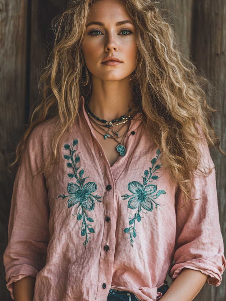 Vintage Bohemian Holiday Style Linen Floral Print  Long Sleeve Shirt