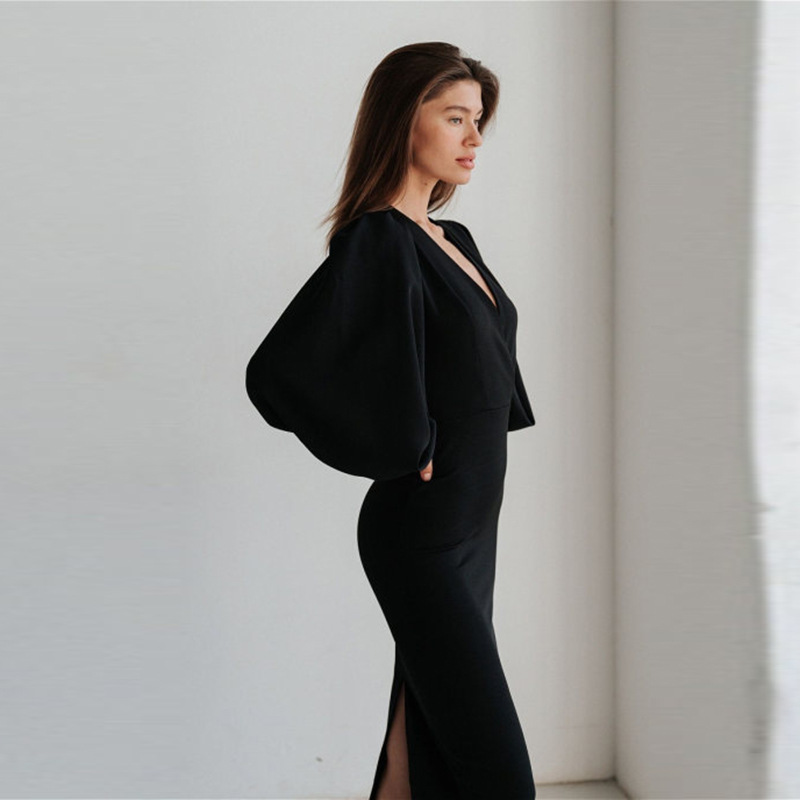 Pure color temperament commuter long skirt sexy deep v-neck lantern sleeve hip dress