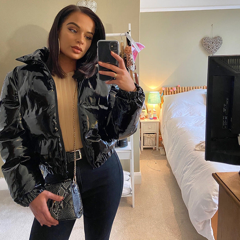 Women Clothing Winter Long leeved Zipped Stand up Collar Thermal Mirror Casual Cotton padded Jacket Outerwear
