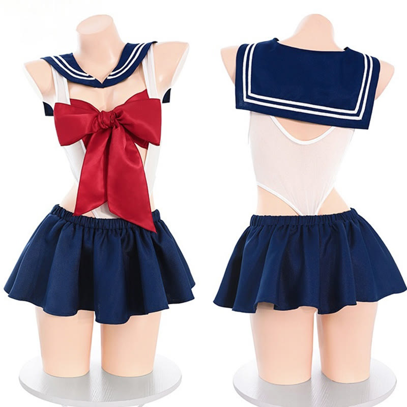 Cosplay Sailor Collar Hollow Out Bow Lingerie Set