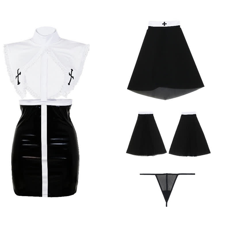 Nun Cosplay Colorblock PU Dress Lingerie Set
