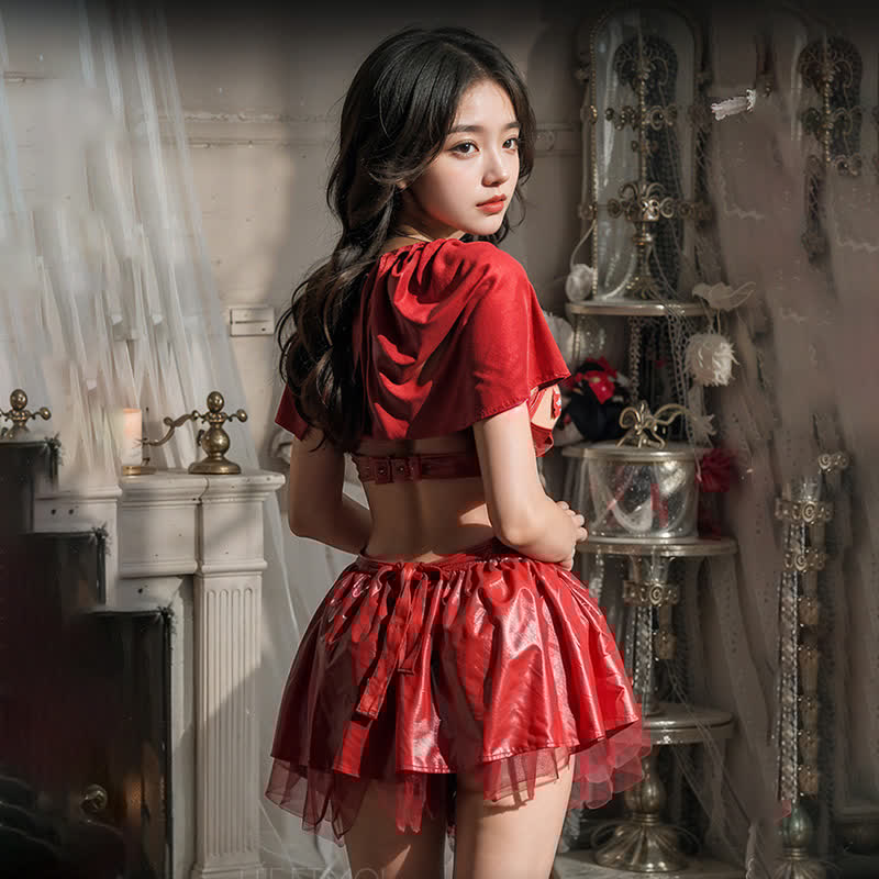 Christmas Hollow Out PU Lingerie Set