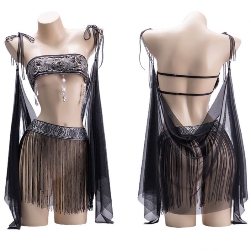 Vintage Flower Tassel See-through Lingerie Set