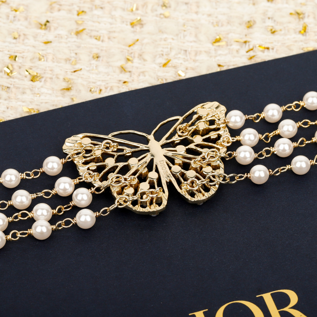 Dior 3-layer pearl hollow butterfly pearl necklace