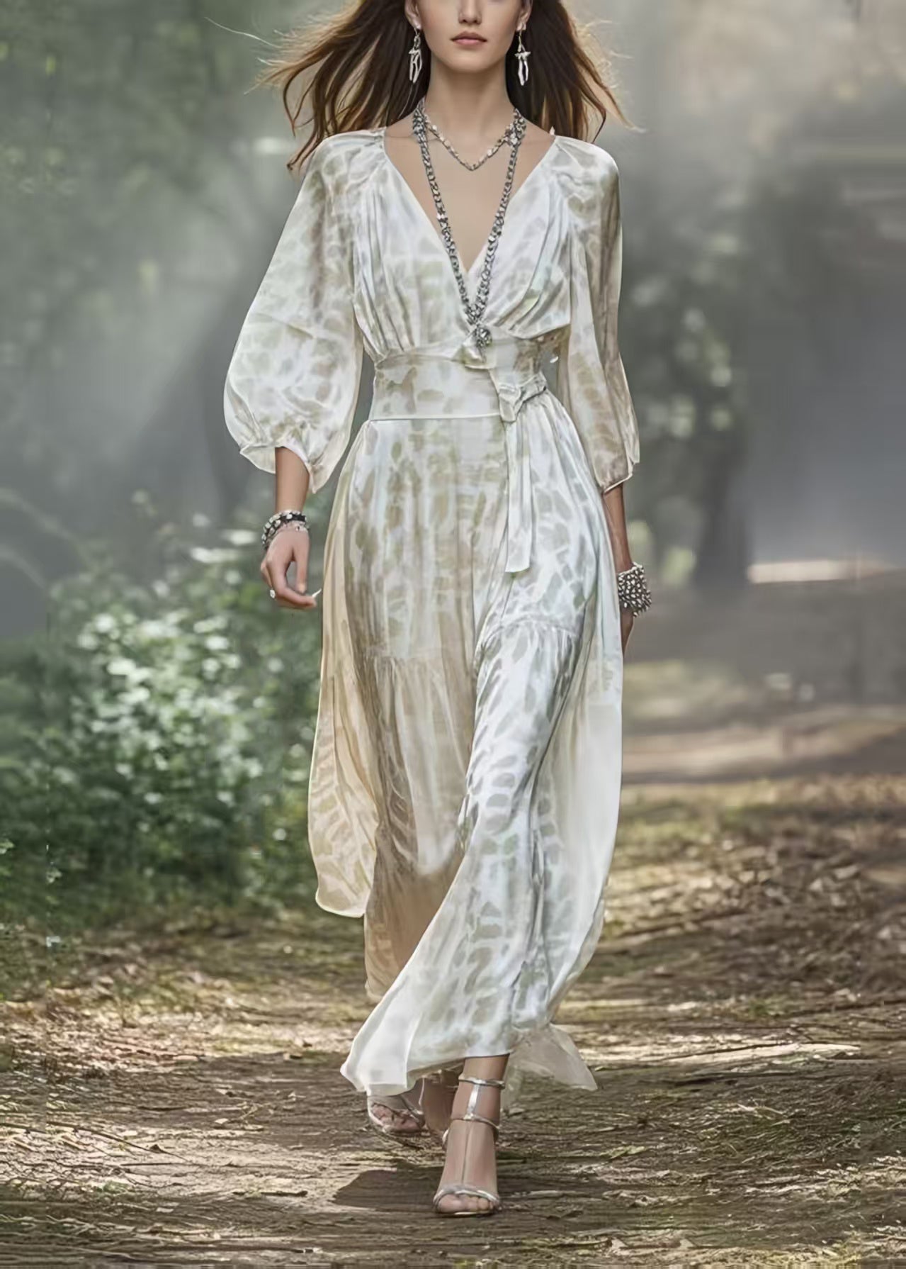 Fashion White V Neck Draping Silk Holiday Dress Lantern Sleeve