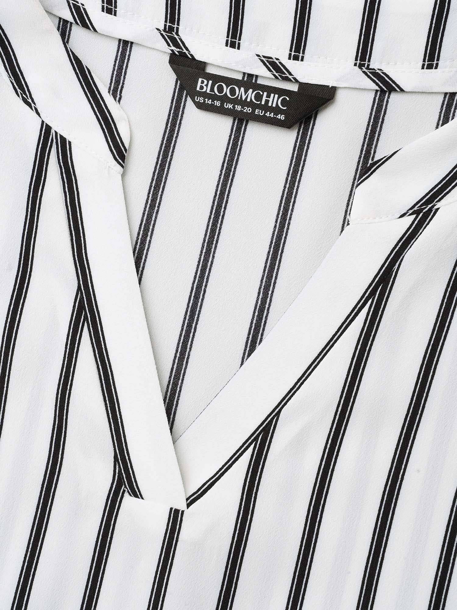 Notched Collar Striped Tab Sleeve Shirt