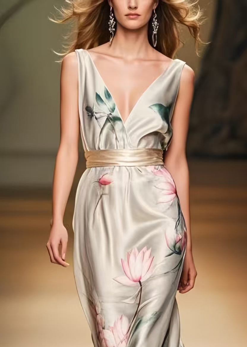 Women Apricot Cinched Print Silk Party Dress Summer
