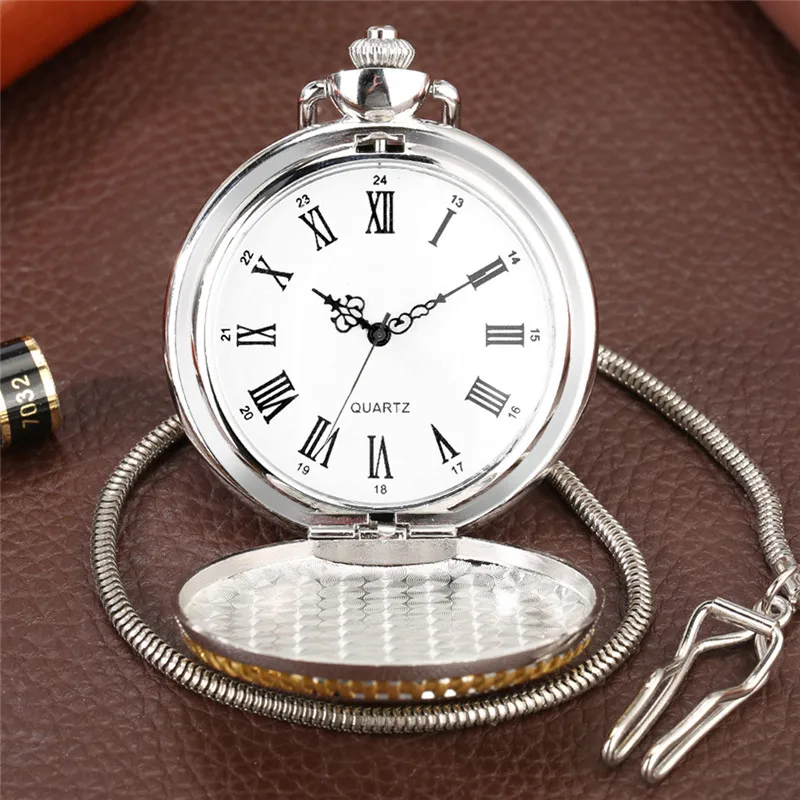 Large Size Golden Eagle Design Men Women Silver Quartz Movement Pocket Watch Roman Number Display with Pendant FOB Chain Gfit