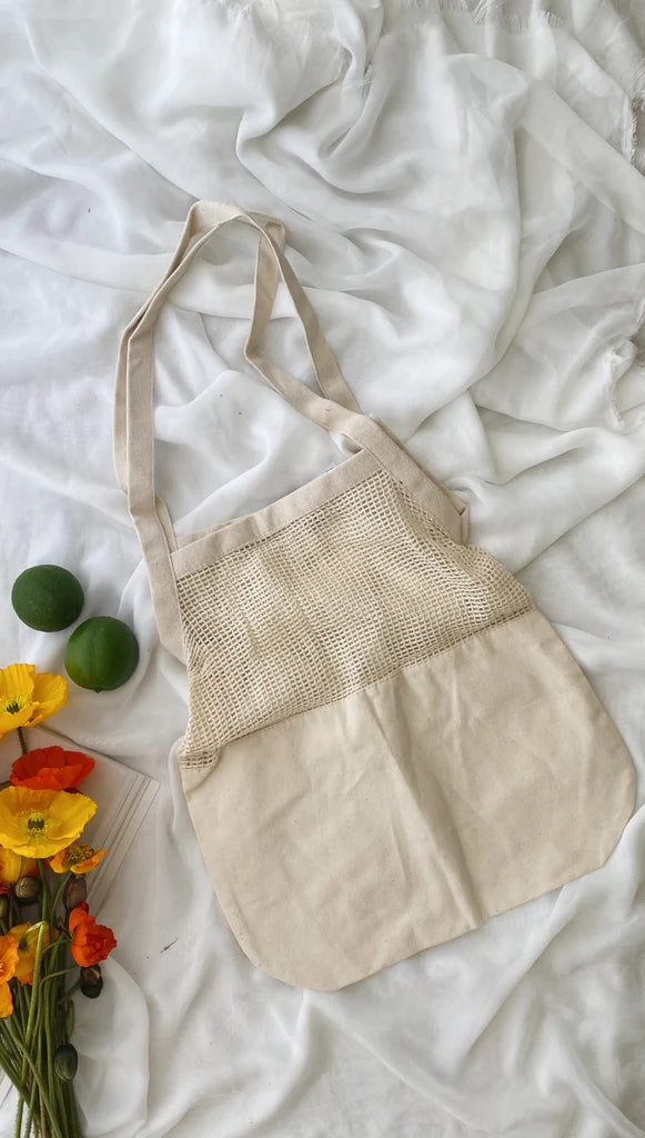 Beige Mesh Paneled Canvas Bag