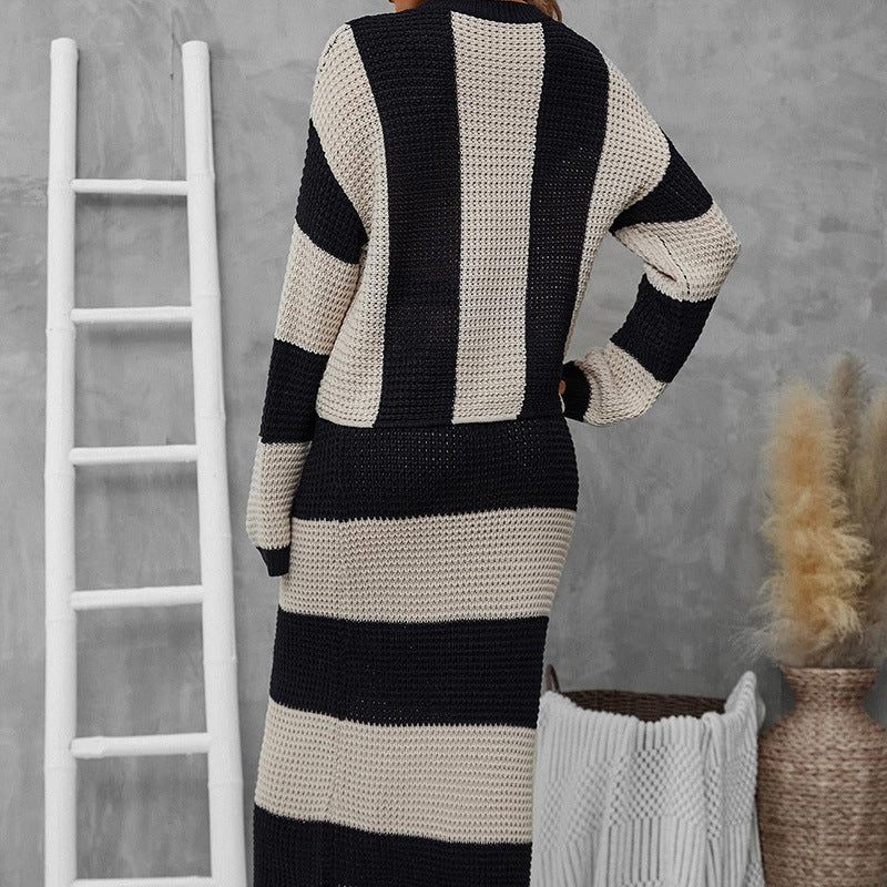 Loose Knit Dress with Contrast Color Stripes and Long Pullover Design