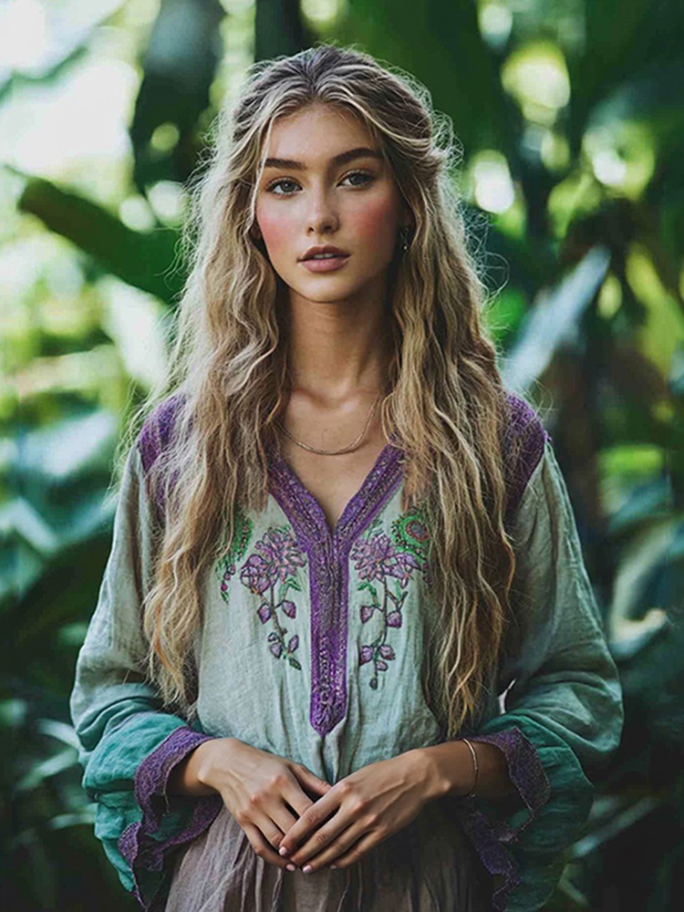 Retro Boho Floral Tribal Embroidery Print Cotton And Linen Blend Loose Blouse