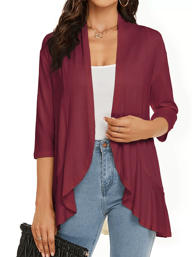 Women's Three-Quarter Sleeve Ruffle Solid Color Cardigan Jacket
