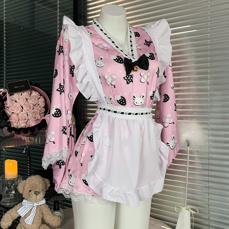 Maid Lace Bow Bunny Print Kimono Lingerie Dress