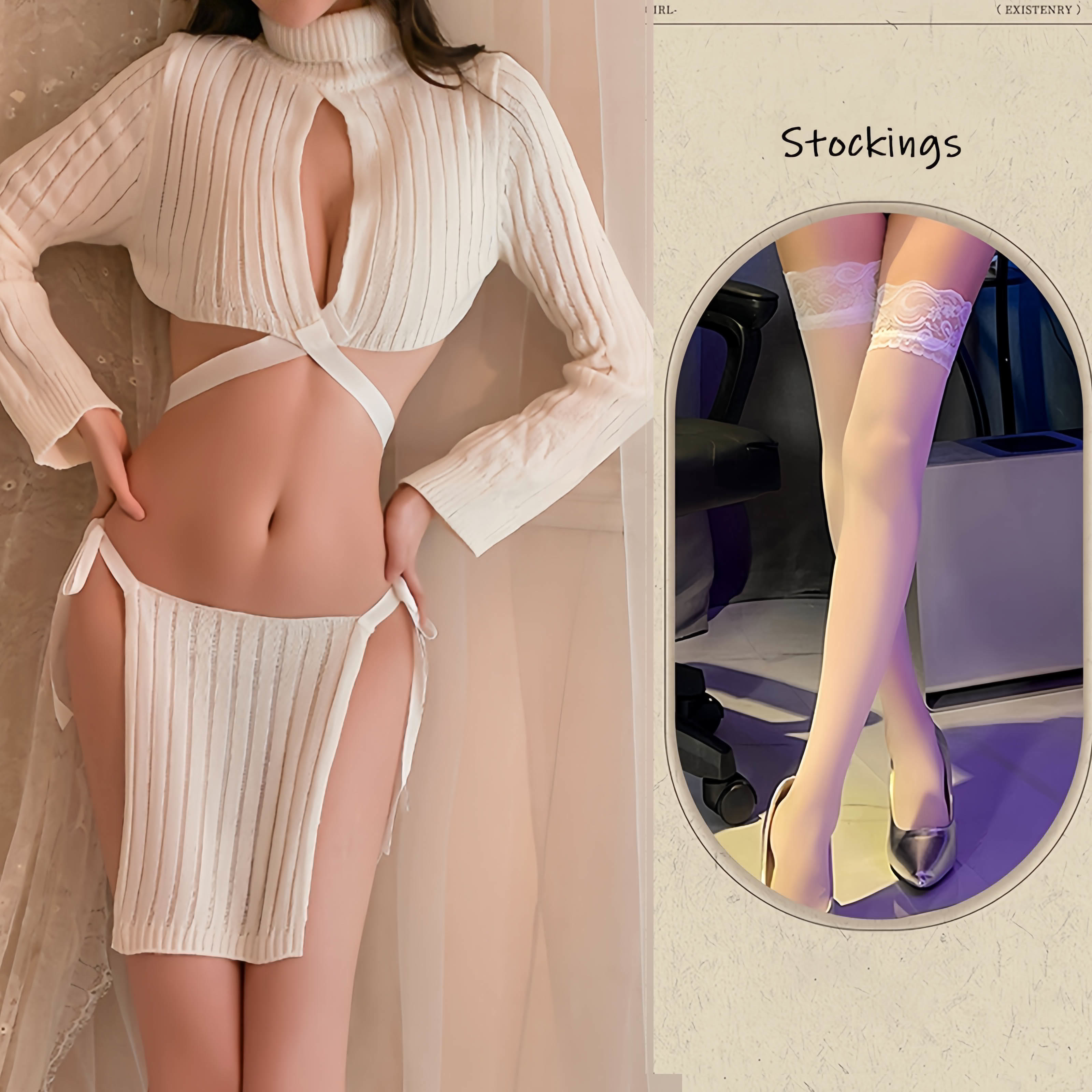 Knit Lace Up Hollow Out Long Sleeve Lingerie Dress
