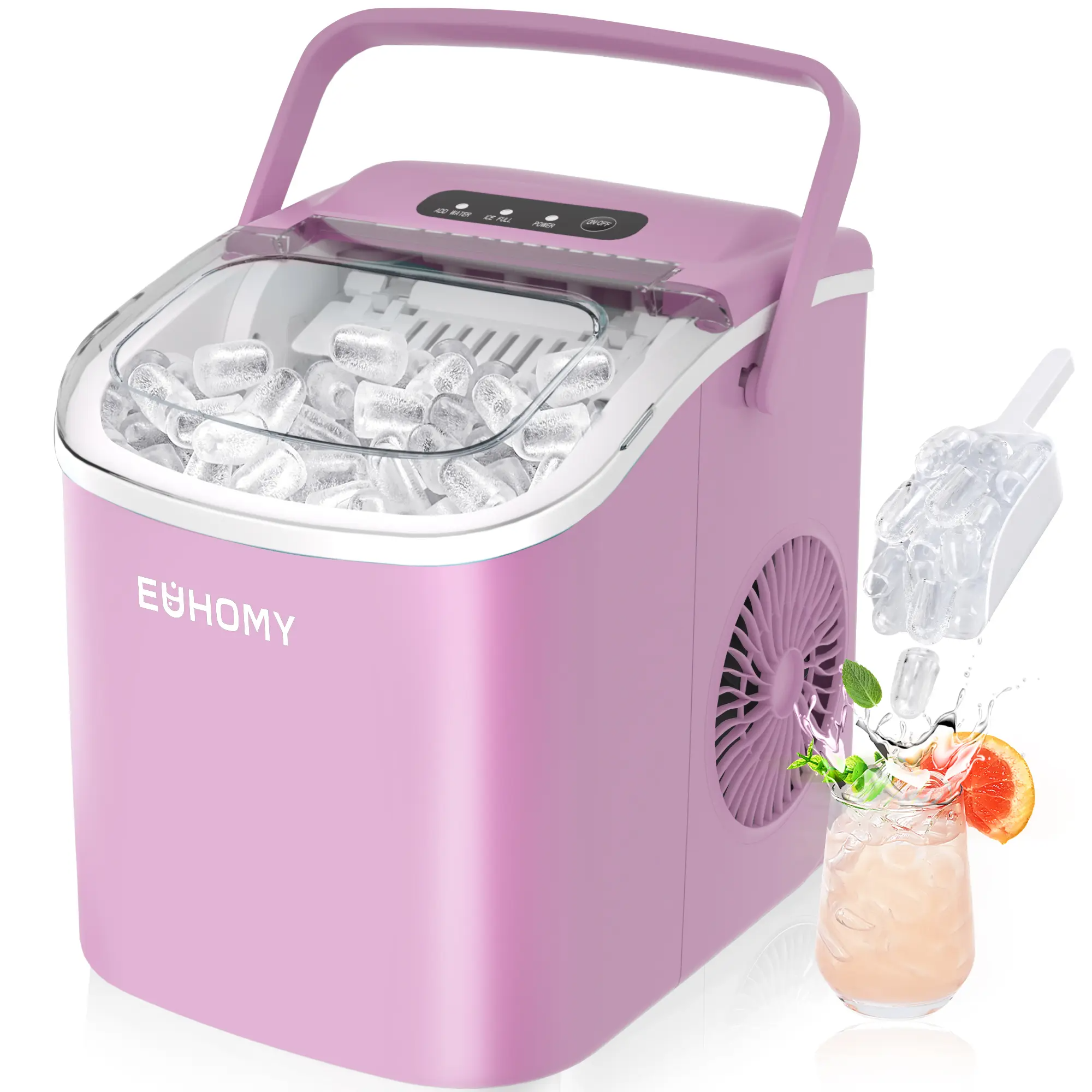 EUHOMY Ice Maker Countertop with Handle, 26lbs in 24Hrs, 9 Ice Cubes Ready in 6 Mins, Auto-Cleaning Portable Ice Maker with Basket and Scoop, for Home/Kitchen/Camping/RV. (2026 New Silver) Utensils