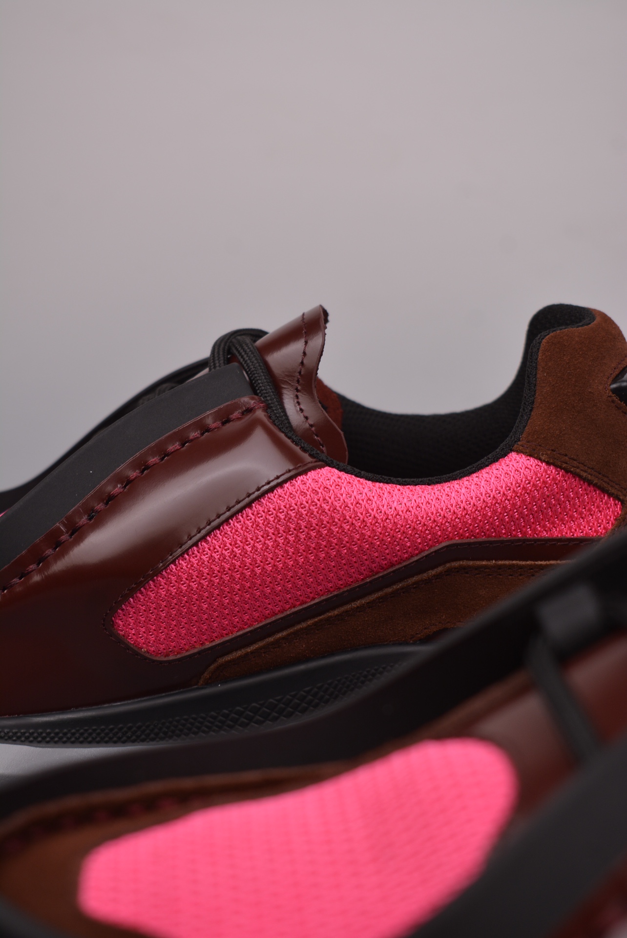 Prada Men's New Thick-soled Stitching Sneakers Burgundy Pink
