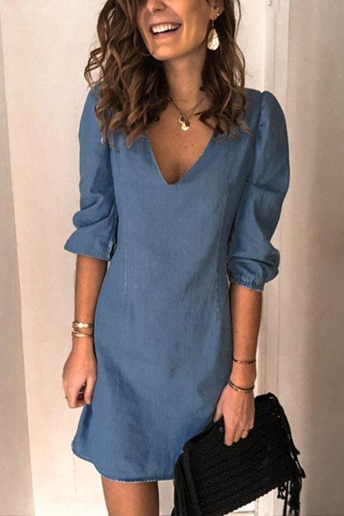 Heididress V Neck Cuff Sleeve Solid Mini Dress