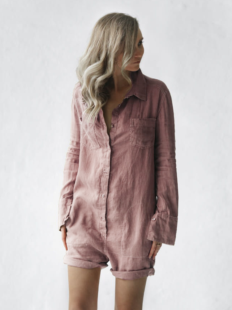 Button Up Short Linen Jumpsuit